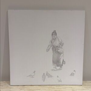Minimalist White Canvas Wall Art - Woman of Asian Decent Feeding Birds